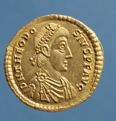Solidus (Vorderseite) von Theodosius I. dem Großen (379-395) drapiert, gepanzert und mit einem Diadem. Inschrift: D N THEODOSIVS P F AVG von Roman